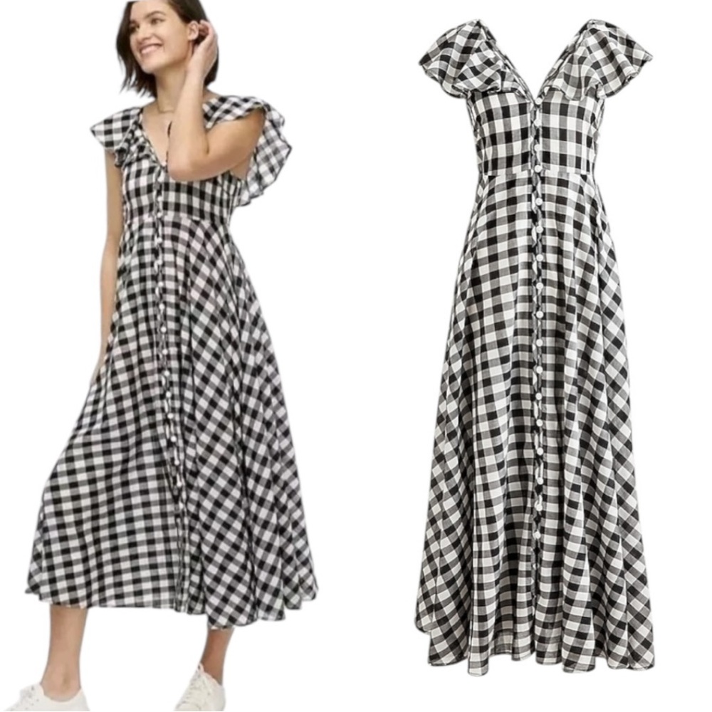 J. Crew Black & White Gingham Print Button Up Ruffle A-Line Maxi Dress - S